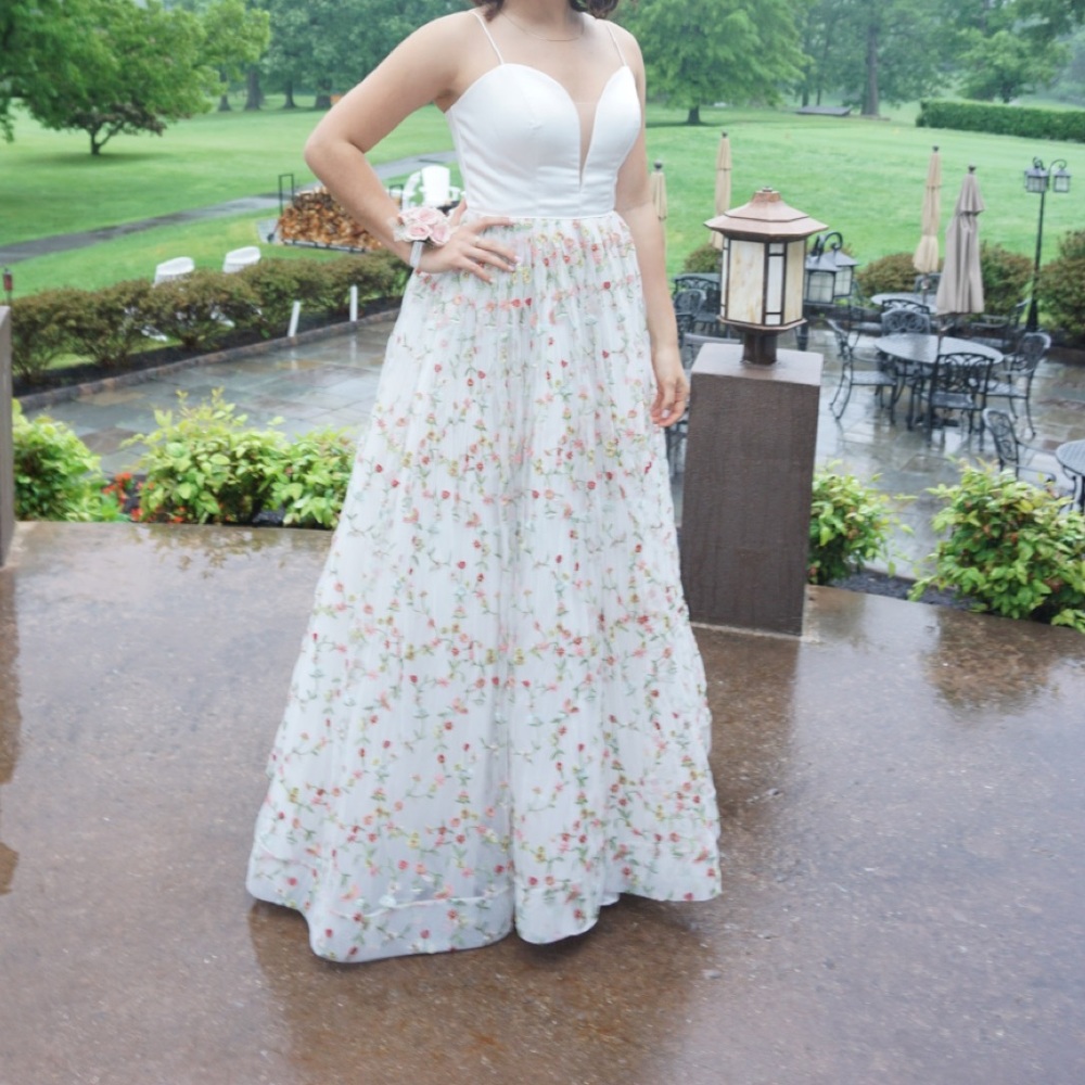 White Prom Dress w/ Floral Embroidered Tulle Skirt